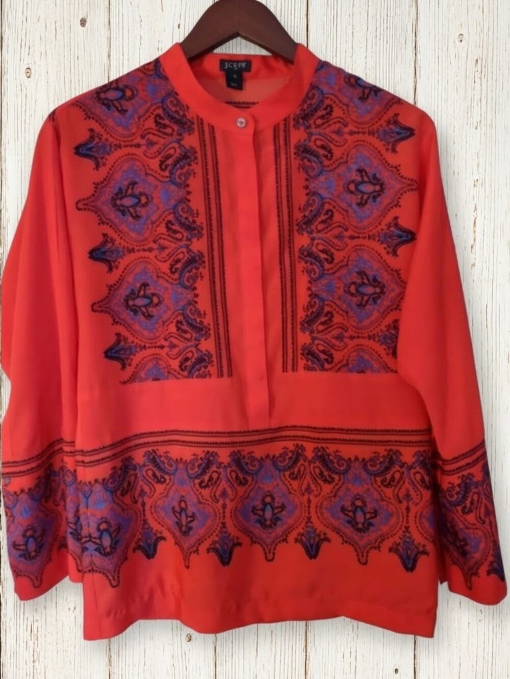 J.Crew Vibrant Orange & Blue Black Paisley Print Tunic Top Bohemian Chic Size XS